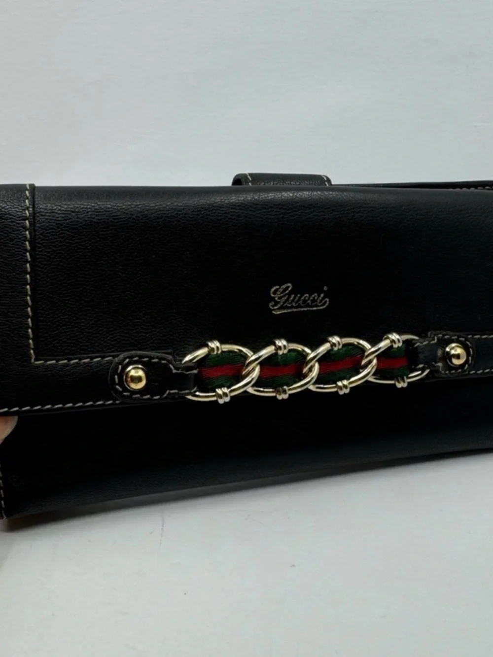 Gucci Black Leather Wallet with Gold Chain and Sherry line Web - Picture 2 of 6